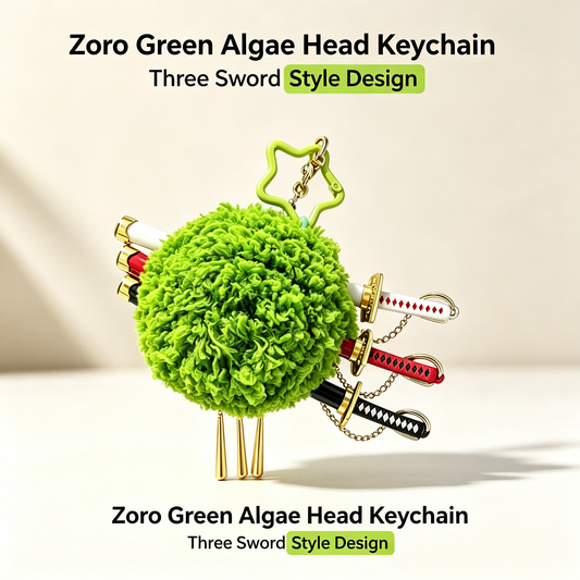 One Piece Roronoa Zoro Plush Pom Pom Keychain, 3 Mini Sword Katana Pendant Key Ring, Cute Green Fluffy Ball Key Charm, Anime Bag Backpack Ornament, Collectible Gift for One Piece Zoro Fans