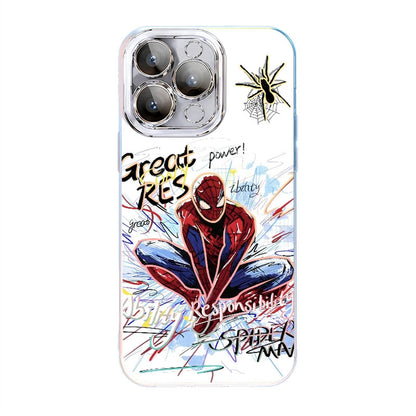 Marvel Spider‑Man 2‑Style Cartoon Graphic iPhone Phone Case, 3‑In‑1 Detachable Electroplated Camera Lens Frame Protective Cover, Quad Airbag Anti‑Drop Shockproof Phone Shell, Multiple Lens Protection Options