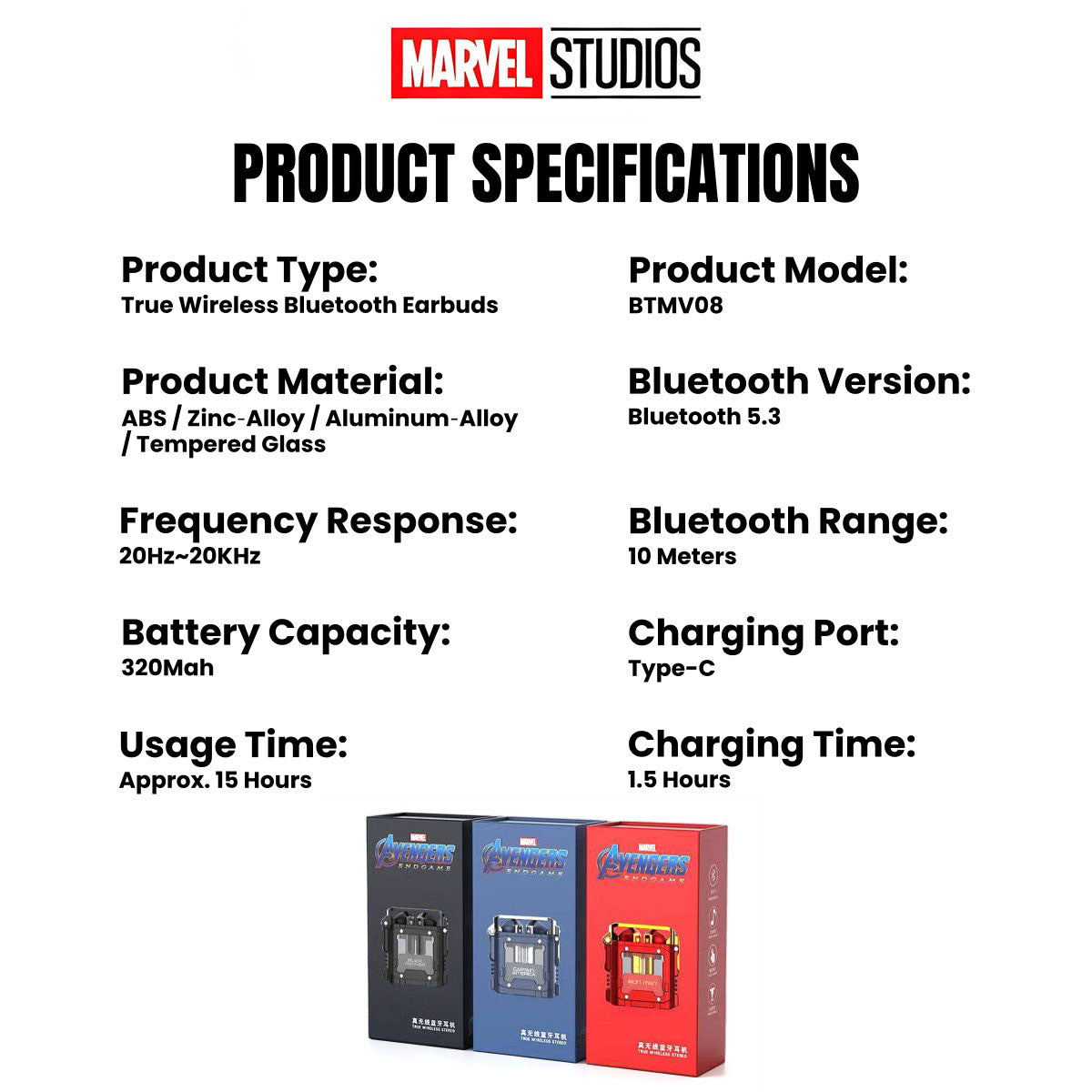 Marvel Avengers Iron Man Captain America Black Panther Multi‑Variant TWS Wireless Bluetooth 5.3 Earbuds, Flip‑Open Lighter‑Style Zinc‑Alloy Gaming Earphones, HIFI Stereo Low Latency Type‑C Charging Collectible Gift For Marvel Fans