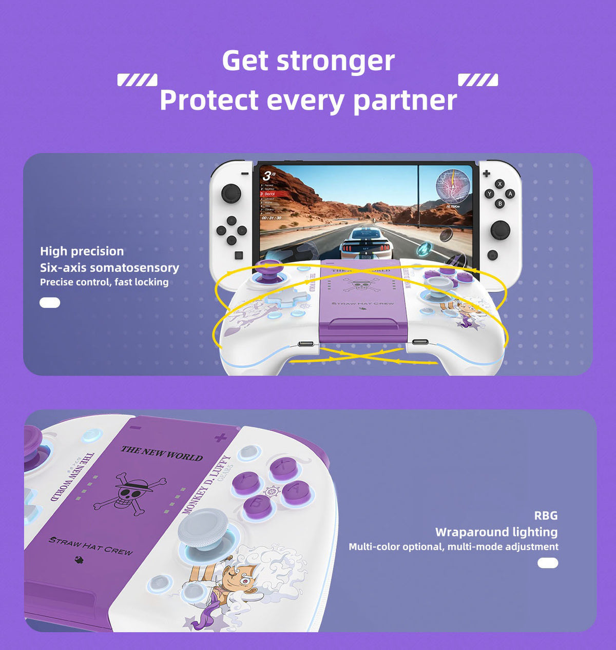 One Piece Monkey D. Luffy Nika Gear 5 Switch Wireless Pro Controller, Mechanical Keys, ALPS Joystick, RGB Lighting, Macro Programming, Six‑Axis Somatosensory, NFC Amiibo Support Gamepad for Switch OLED