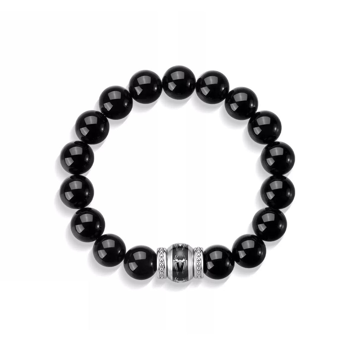 Marvel Spider-Man Natural Obsidian Beaded Bracelet Stainless Steel Spider Logo Charm Black Stone Beads Stretch Elastic Wristband Men Fashion Jewelry Streetwear Accessory Gift Box For Fans
