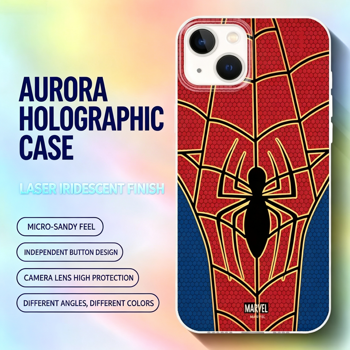 MARVEL Spider-Man Holographic Laser iPhone Case, Raised Lens Protection Shockproof Soft Hard Hybrid Protective Phone Cover