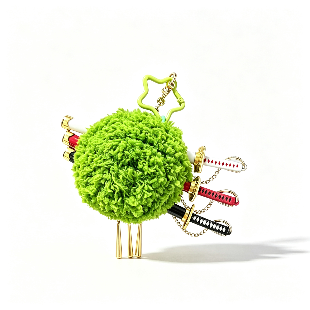 One Piece Roronoa Zoro Plush Pom Pom Keychain, 3 Mini Sword Katana Pendant Key Ring, Cute Green Fluffy Ball Key Charm, Anime Bag Backpack Ornament, Collectible Gift for One Piece Zoro Fans