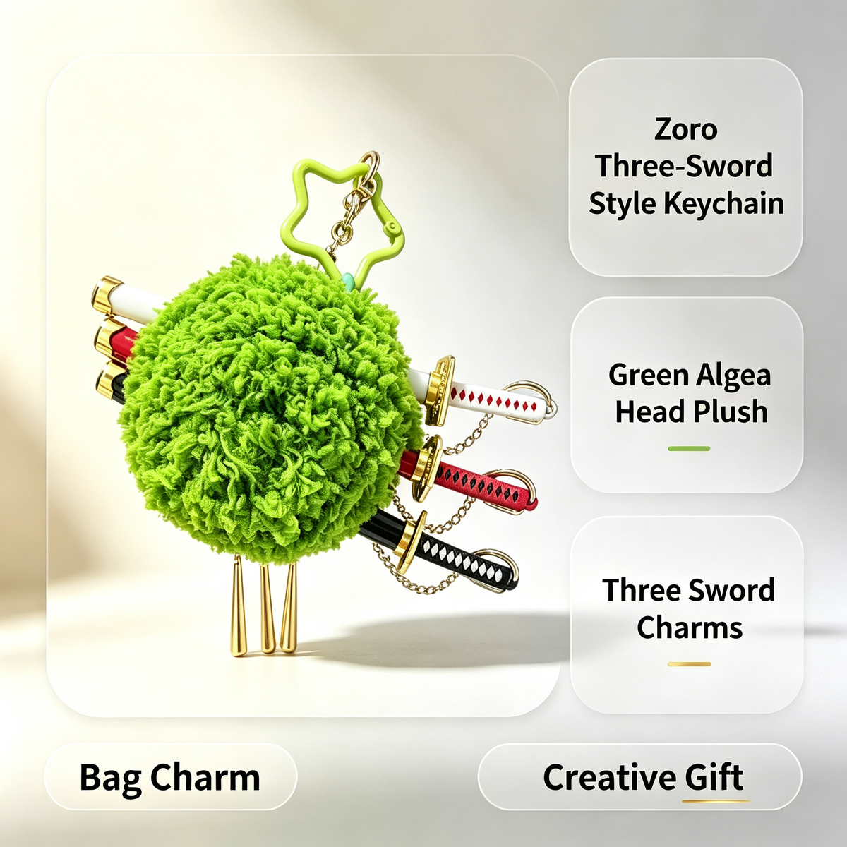 One Piece Roronoa Zoro Plush Pom Pom Keychain, 3 Mini Sword Katana Pendant Key Ring, Cute Green Fluffy Ball Key Charm, Anime Bag Backpack Ornament, Collectible Gift for One Piece Zoro Fans