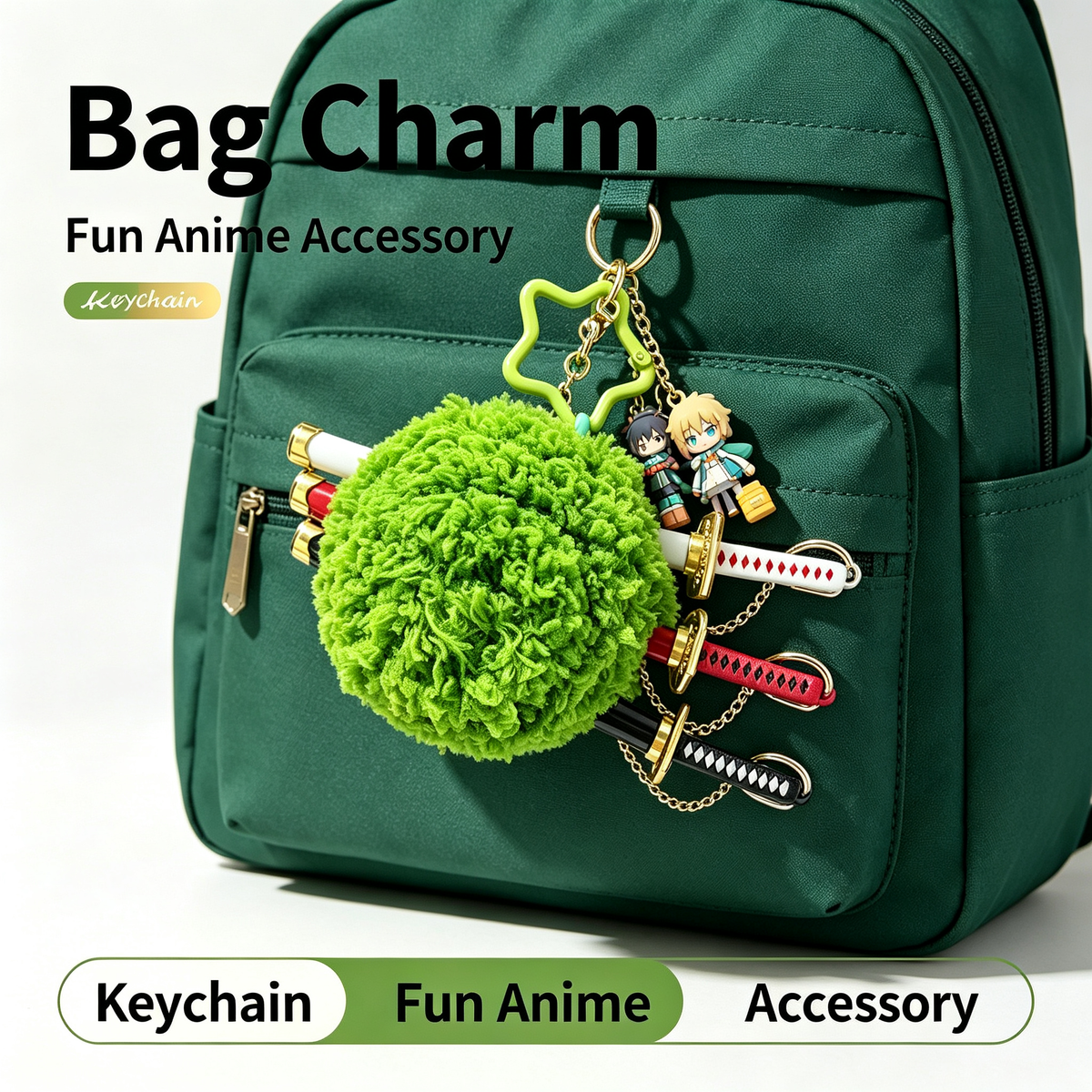 One Piece Roronoa Zoro Plush Pom Pom Keychain, 3 Mini Sword Katana Pendant Key Ring, Cute Green Fluffy Ball Key Charm, Anime Bag Backpack Ornament, Collectible Gift for One Piece Zoro Fans