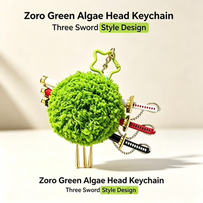 One Piece Roronoa Zoro Plush Pom Pom Keychain, 3 Mini Sword Katana Pendant Key Ring, Cute Green Fluffy Ball Key Charm, Anime Bag Backpack Ornament, Collectible Gift for One Piece Zoro Fans