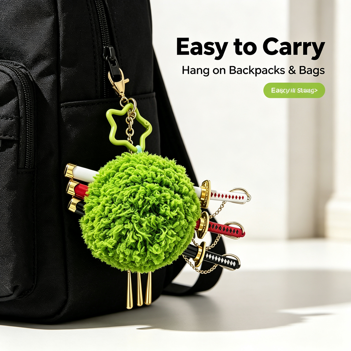 One Piece Roronoa Zoro Plush Pom Pom Keychain, 3 Mini Sword Katana Pendant Key Ring, Cute Green Fluffy Ball Key Charm, Anime Bag Backpack Ornament, Collectible Gift for One Piece Zoro Fans