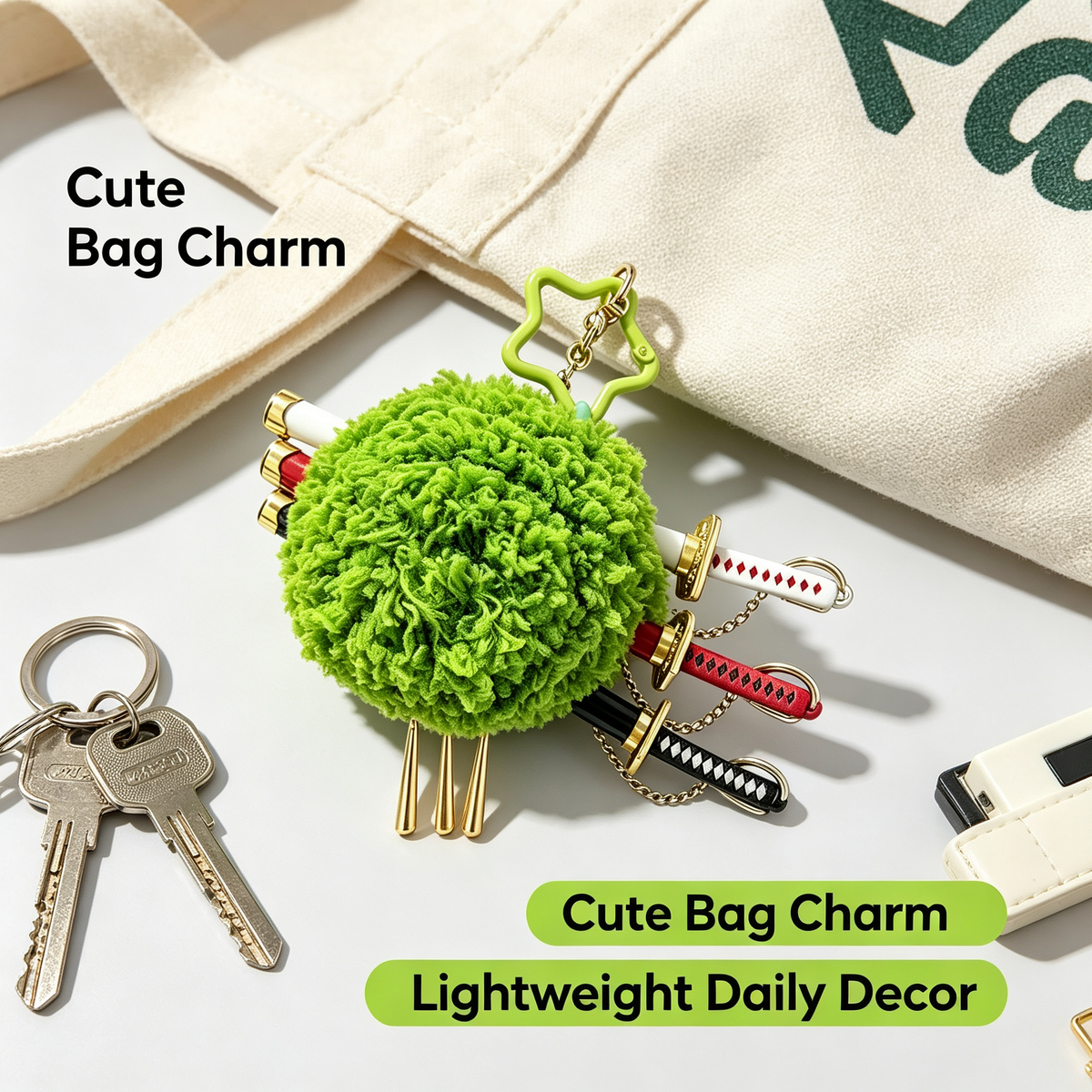 One Piece Roronoa Zoro Plush Pom Pom Keychain, 3 Mini Sword Katana Pendant Key Ring, Cute Green Fluffy Ball Key Charm, Anime Bag Backpack Ornament, Collectible Gift for One Piece Zoro Fans