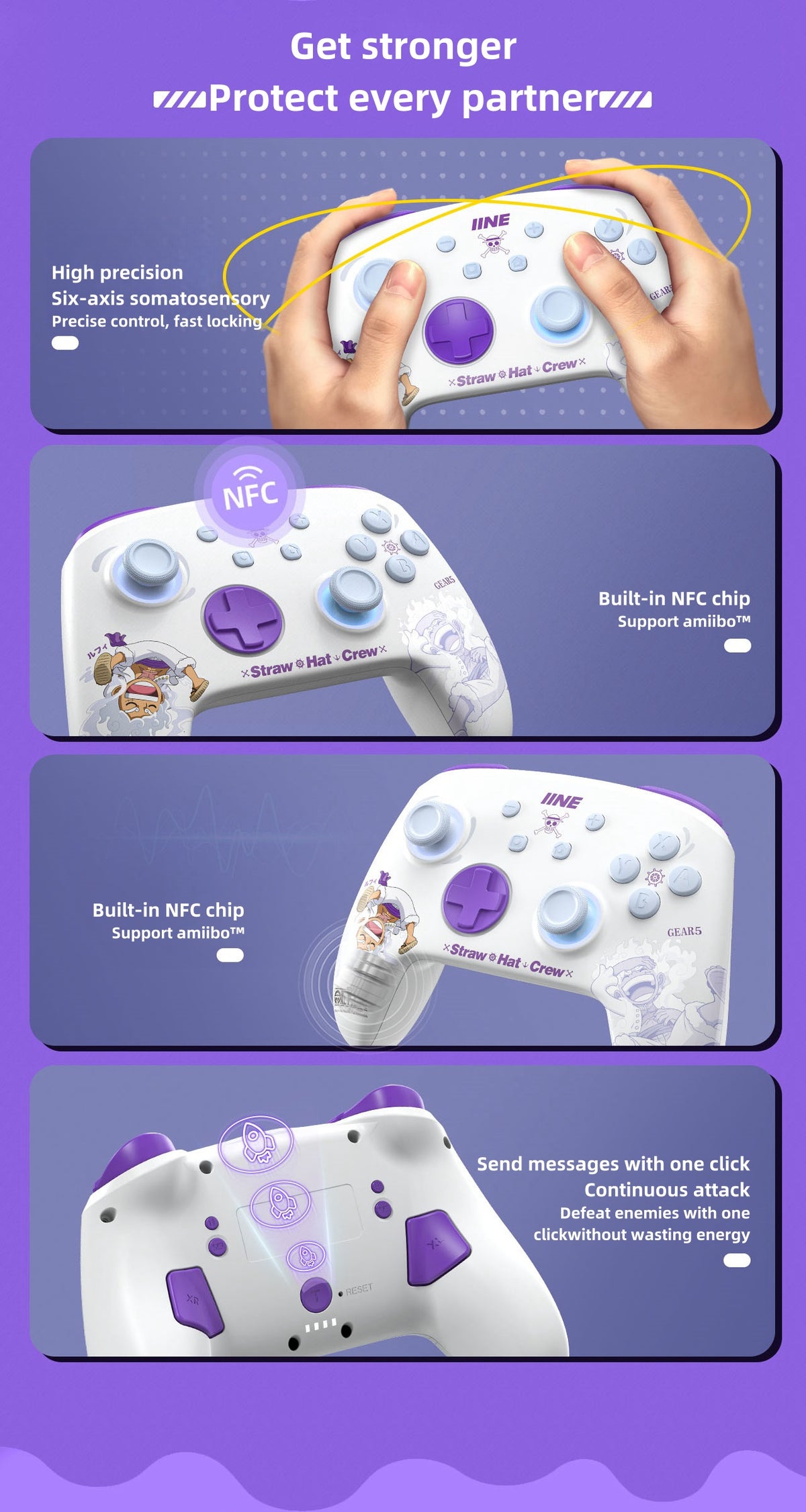 One Piece Monkey D. Luffy Nika Gear 5 Switch Wireless Pro Controller, Mechanical Keys, ALPS Joystick, RGB Lighting, Macro Programming, Six‑Axis Somatosensory, NFC Amiibo Support Gamepad for Switch OLED