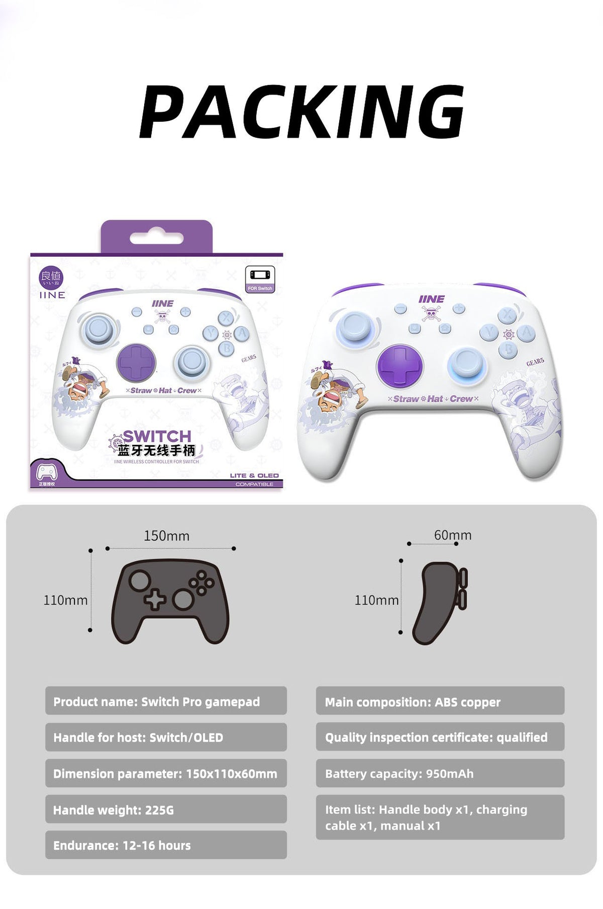 One Piece Monkey D. Luffy Nika Gear 5 Switch Wireless Pro Controller, Mechanical Keys, ALPS Joystick, RGB Lighting, Macro Programming, Six‑Axis Somatosensory, NFC Amiibo Support Gamepad for Switch OLED