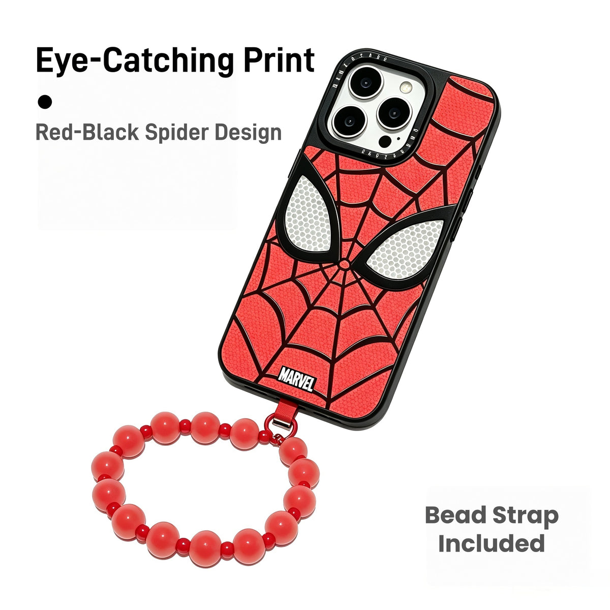 Marvel Spider-Man Web Face Phone Case With Detachable Bead Strap Slim Soft Bumper Shockproof Protective Cover Precise Cutouts Anti-Slip Grip Fit For Full iPhone Series