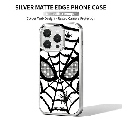 Marvel Spider‑Man Phone Case, Matte Silver Bumper Spider Web Print Cover, Dual‑Layer Drop Shock Protection, Raised Camera Guard Slim Hard Phone Case For iPhone Superhero Fan Gift
