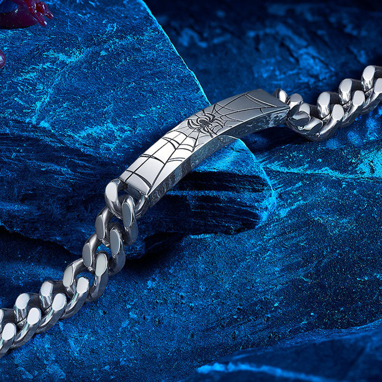 Marvel Spider‑Man Engraved Cuban Link Bracelet 304 Stainless Steel Spider Web Pattern Wrist Jewelry Gift For Men
