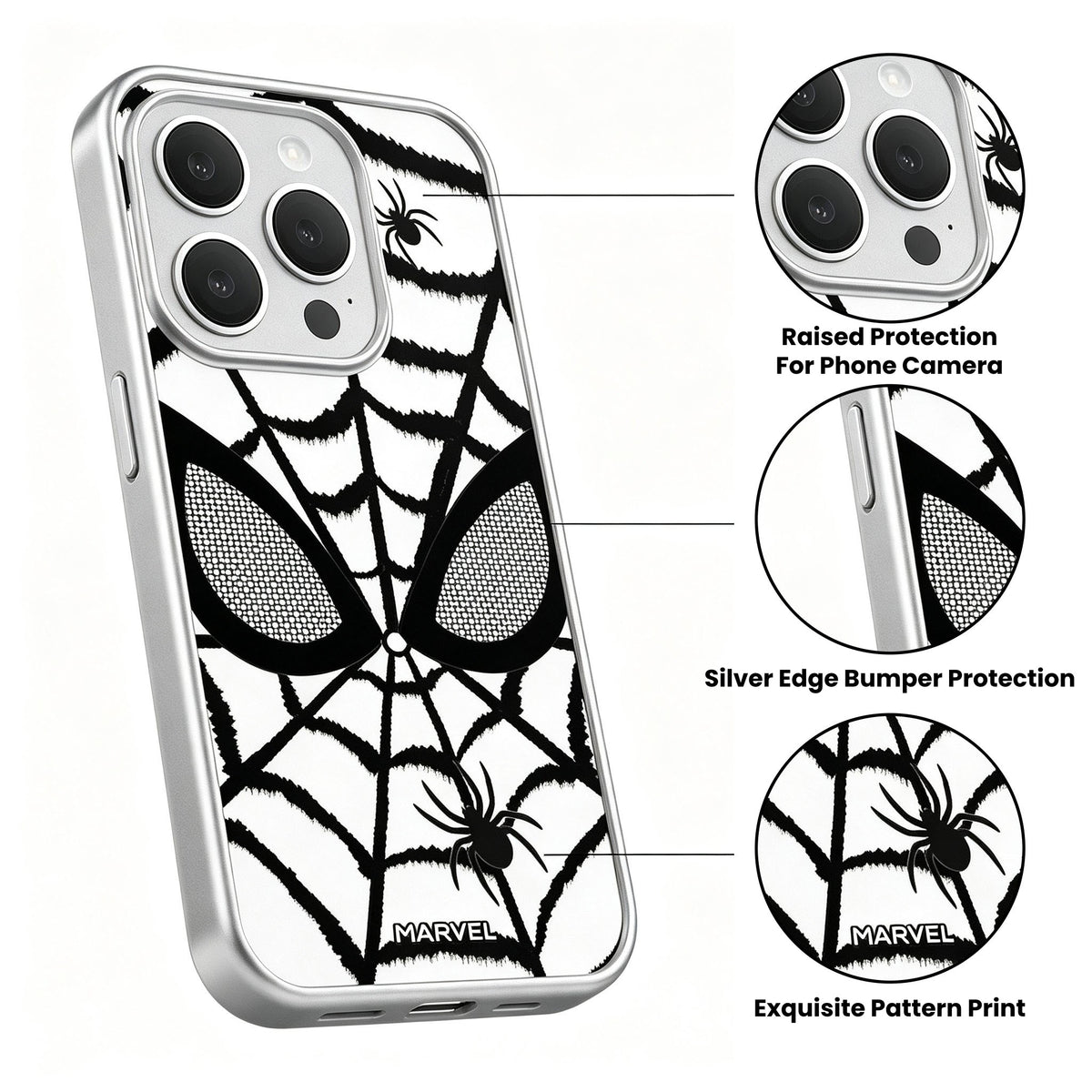 Marvel Spider‑Man Phone Case, Matte Silver Bumper Spider Web Print Cover, Dual‑Layer Drop Shock Protection, Raised Camera Guard Slim Hard Phone Case For iPhone Superhero Fan Gift