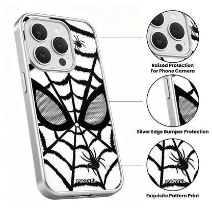 Marvel Spider‑Man Phone Case, Matte Silver Bumper Spider Web Print Cover, Dual‑Layer Drop Shock Protection, Raised Camera Guard Slim Hard Phone Case For iPhone Superhero Fan Gift