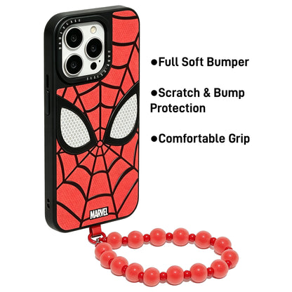 Marvel Spider-Man Web Face Phone Case With Detachable Bead Strap Slim Soft Bumper Shockproof Protective Cover Precise Cutouts Anti-Slip Grip Fit For Full iPhone Series
