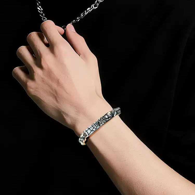 Marvel Spider‑Man Engraved Cuban Link Bracelet 304 Stainless Steel Spider Web Pattern Wrist Jewelry Gift For Men