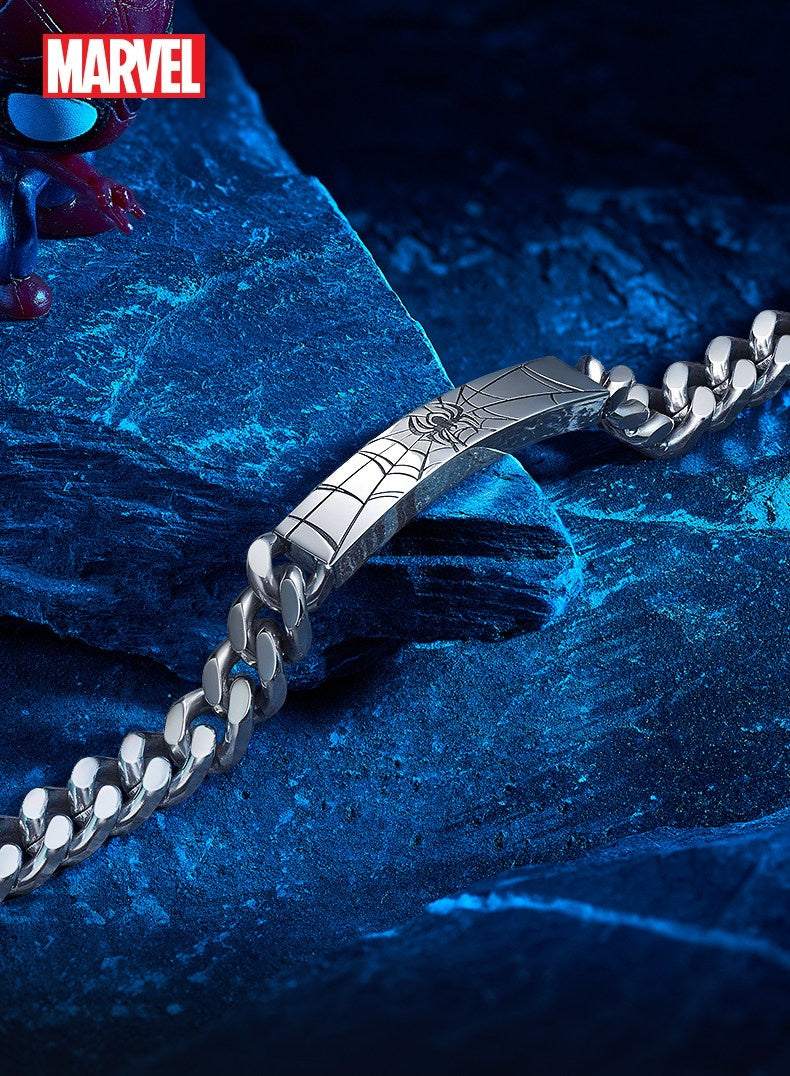 Marvel Spider‑Man Engraved Cuban Link Bracelet 304 Stainless Steel Spider Web Pattern Wrist Jewelry Gift For Men