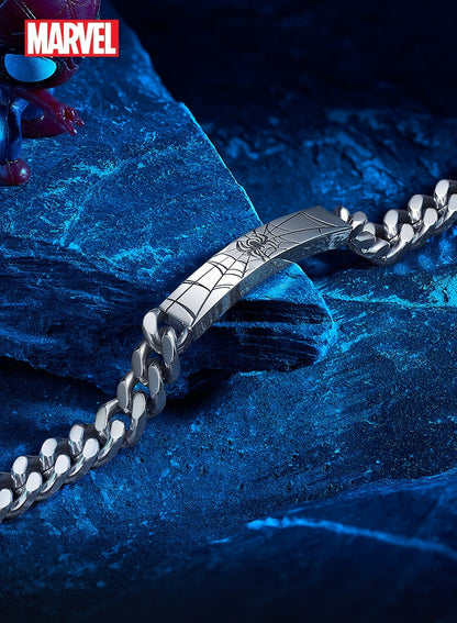 Marvel Spider‑Man Engraved Cuban Link Bracelet 304 Stainless Steel Spider Web Pattern Wrist Jewelry Gift For Men