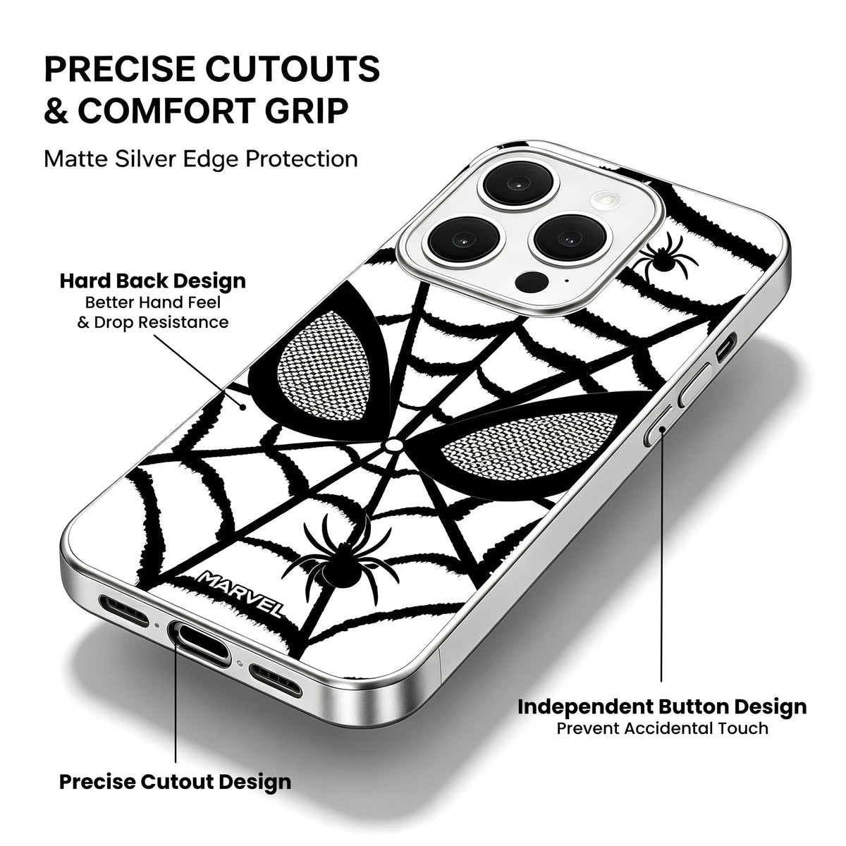 Marvel Spider‑Man Phone Case, Matte Silver Bumper Spider Web Print Cover, Dual‑Layer Drop Shock Protection, Raised Camera Guard Slim Hard Phone Case For iPhone Superhero Fan Gift