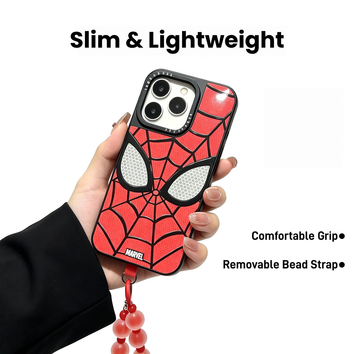 Marvel Spider-Man Web Face Phone Case With Detachable Bead Strap Slim Soft Bumper Shockproof Protective Cover Precise Cutouts Anti-Slip Grip Fit For Full iPhone Series