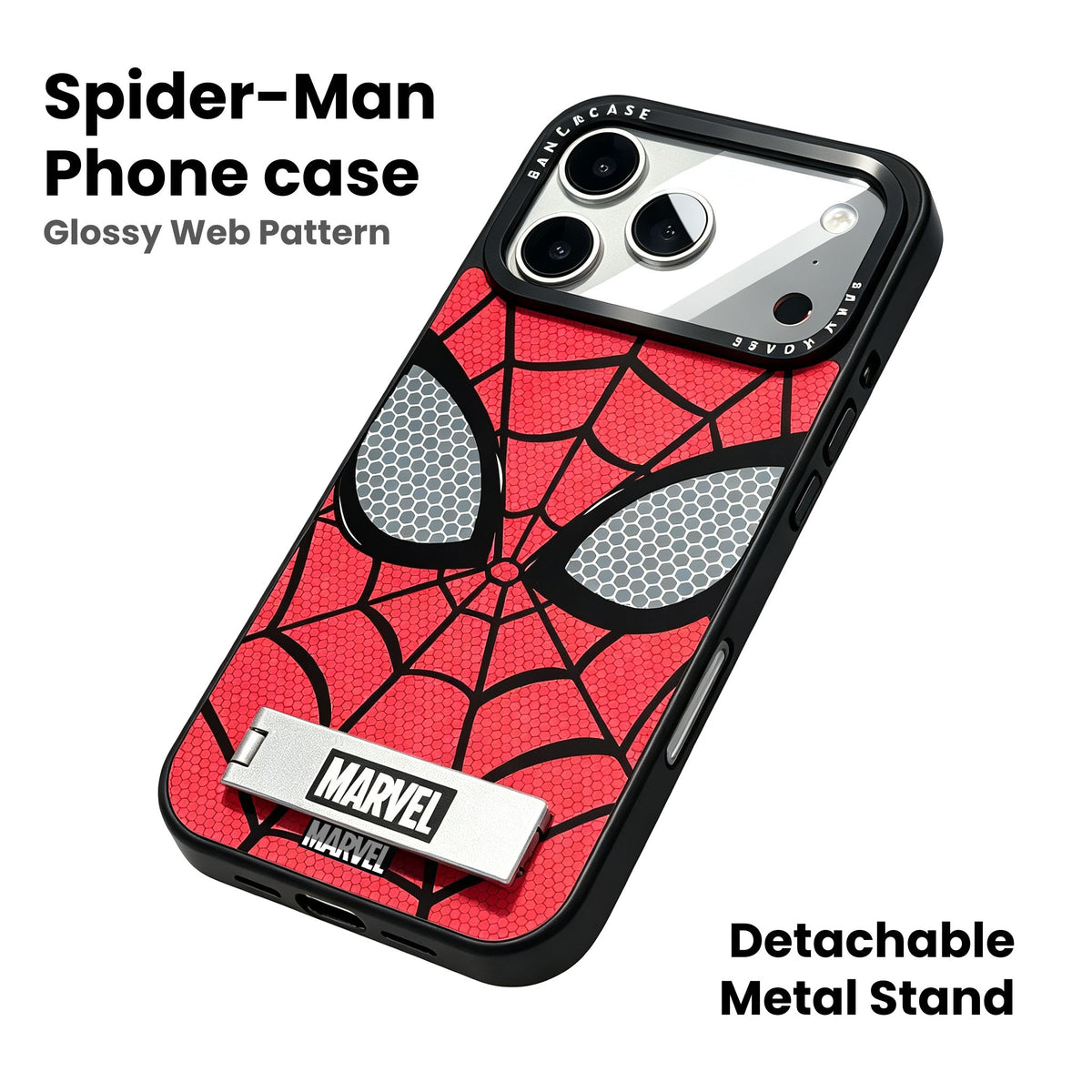 Marvel Spider-Man Web Pattern Phone Case With Metal Kickstand Slim Shockproof Protective Cover Precise Cutout Compatible For Multiple iPhone Models Anti-Slip Comfort Grip Glossy Shell