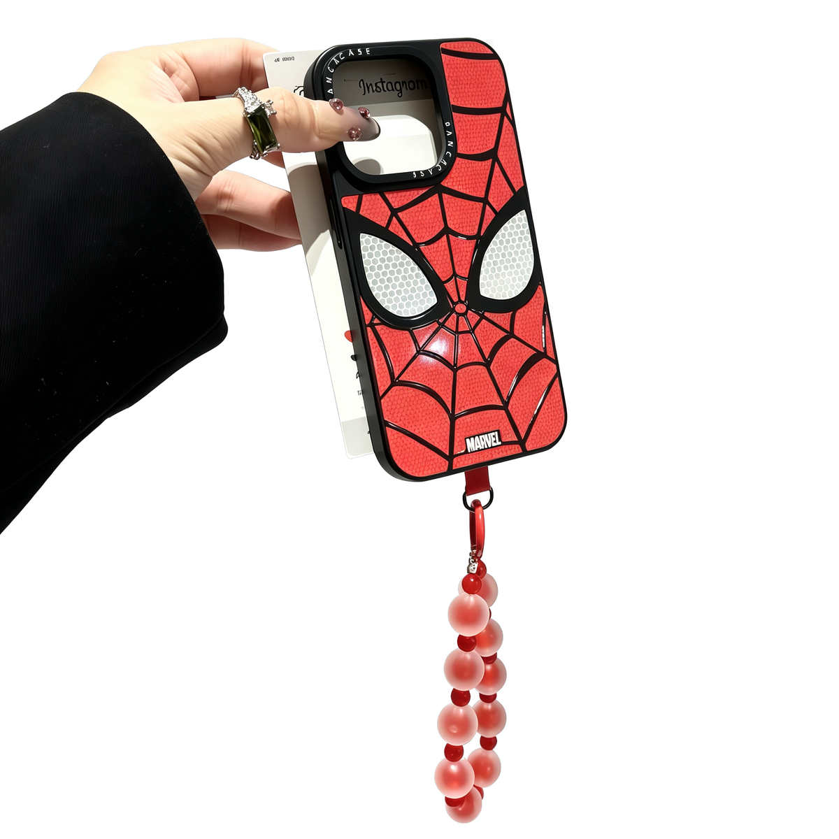 Marvel Spider-Man Web Face Phone Case With Detachable Bead Strap Slim Soft Bumper Shockproof Protective Cover Precise Cutouts Anti-Slip Grip Fit For Full iPhone Series