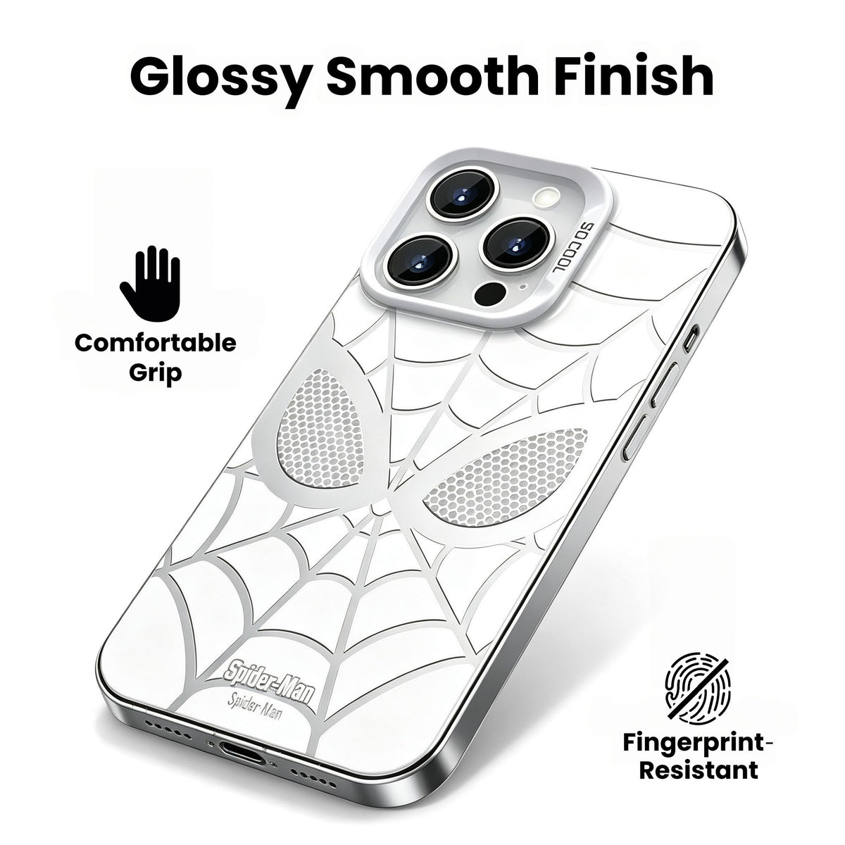 Marvel Spider‑Man Creative iPhone Phone Case, Glossy Smooth Fingerprint‑Resistant Cover with Camera Bezel Protection, Comfortable Grip Precise Fit Phone Shell, Black & White 2 Colors Available