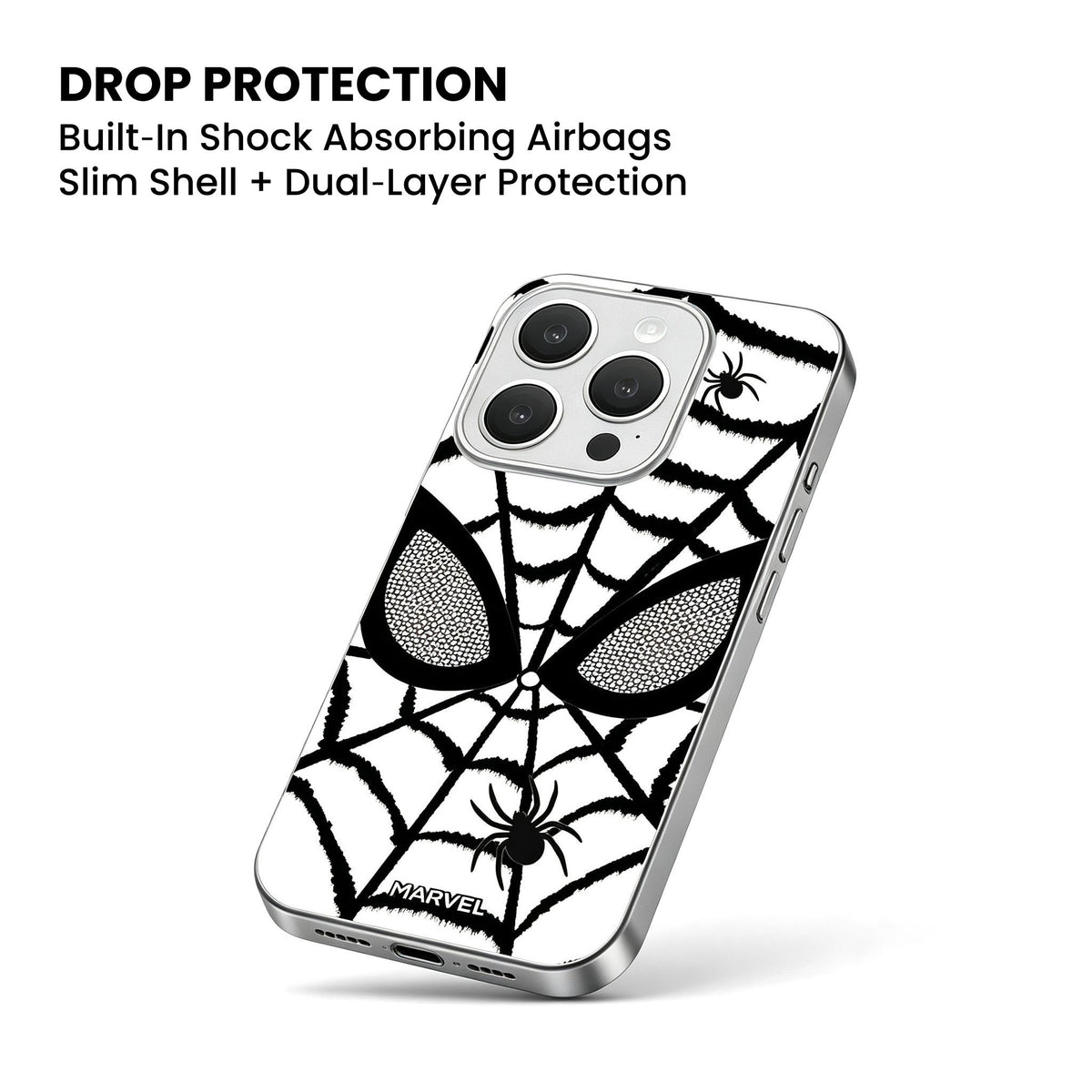 Marvel Spider‑Man Phone Case, Matte Silver Bumper Spider Web Print Cover, Dual‑Layer Drop Shock Protection, Raised Camera Guard Slim Hard Phone Case For iPhone Superhero Fan Gift
