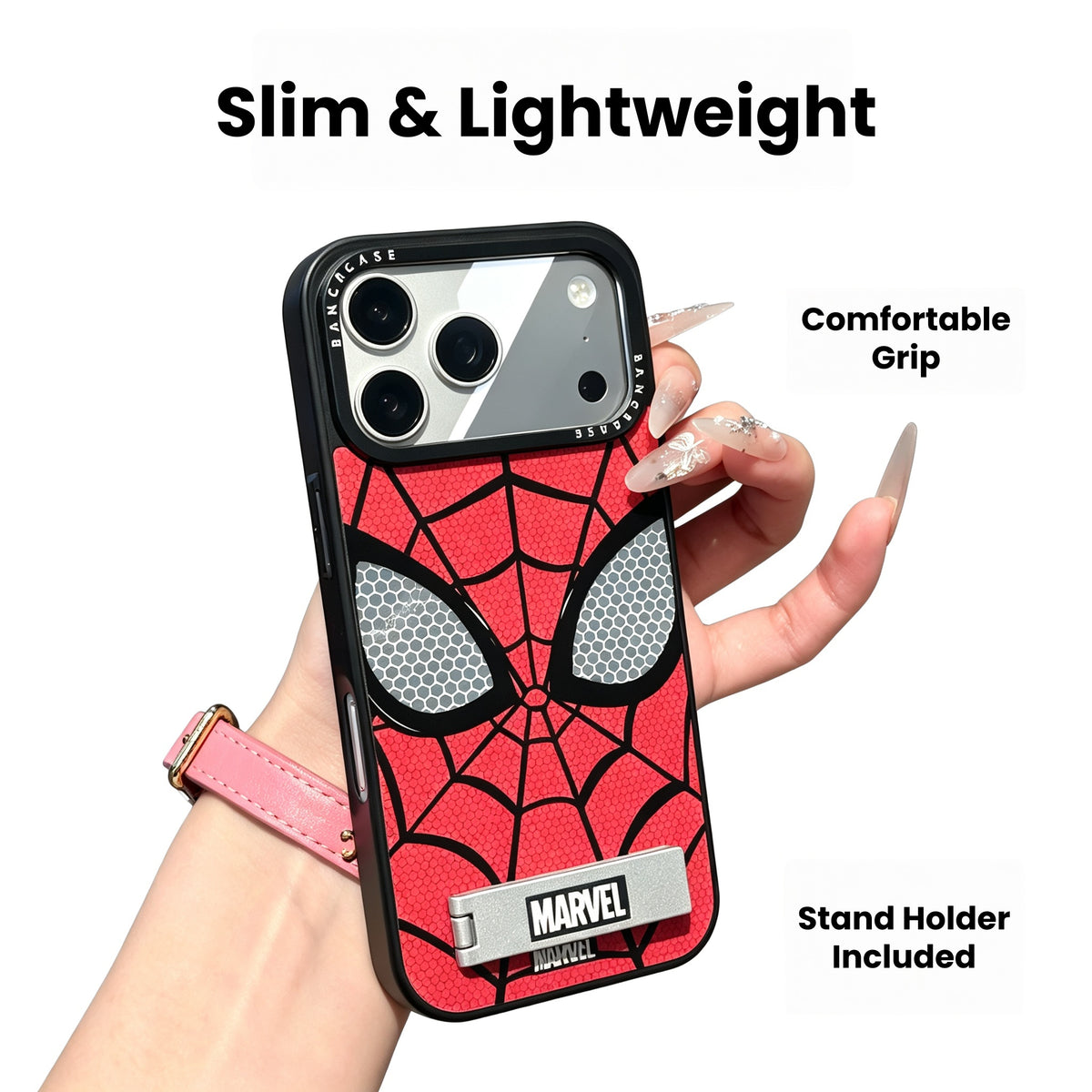 Marvel Spider-Man Web Pattern Phone Case With Metal Kickstand Slim Shockproof Protective Cover Precise Cutout Compatible For Multiple iPhone Models Anti-Slip Comfort Grip Glossy Shell