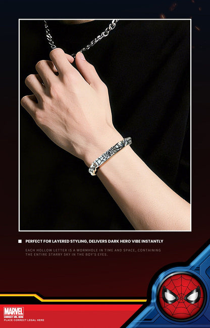 Marvel Spider‑Man Engraved Cuban Link Bracelet 304 Stainless Steel Spider Web Pattern Wrist Jewelry Gift For Men