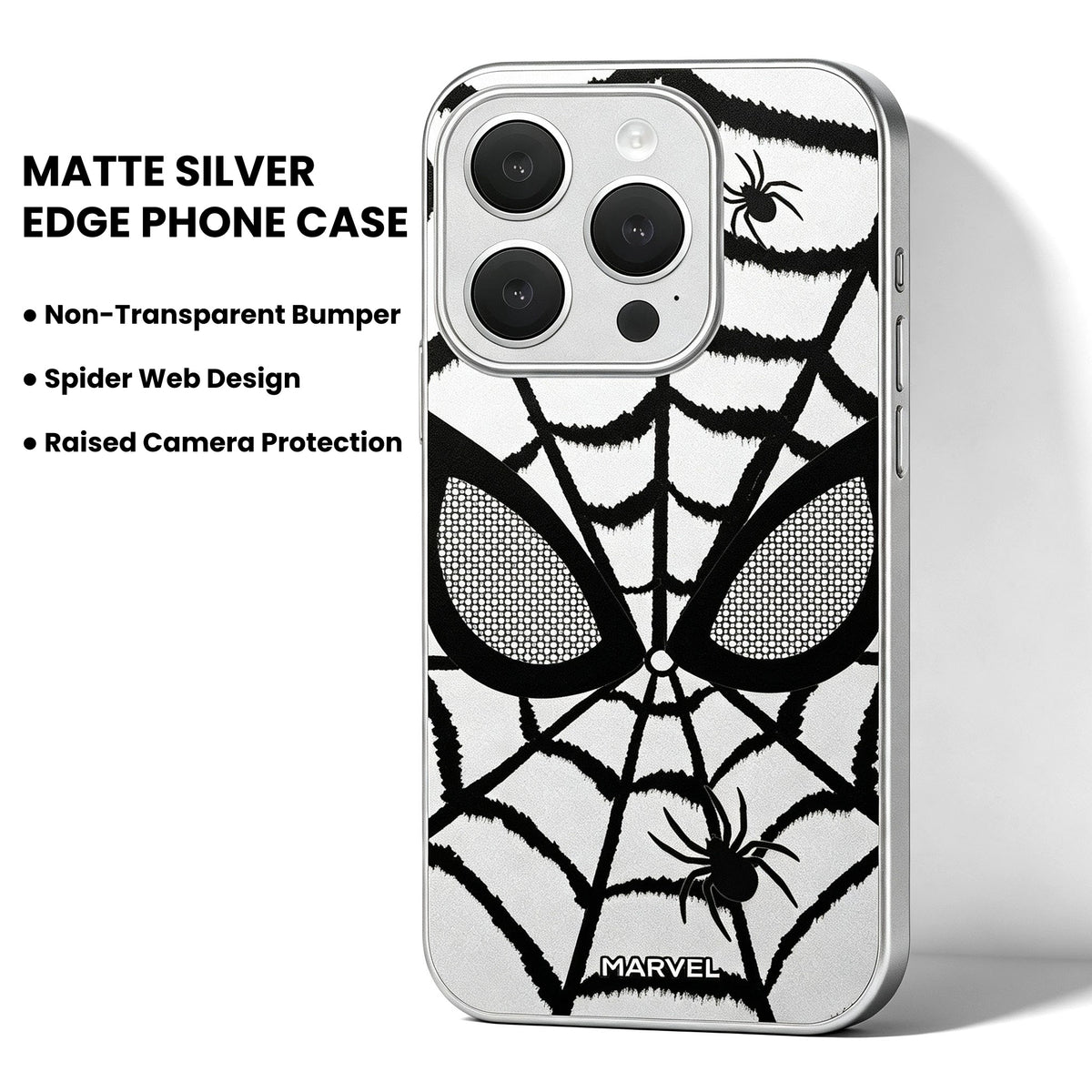 Marvel Spider‑Man Phone Case, Matte Silver Bumper Spider Web Print Cover, Dual‑Layer Drop Shock Protection, Raised Camera Guard Slim Hard Phone Case For iPhone Superhero Fan Gift