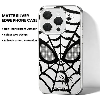 Marvel Spider‑Man Phone Case, Matte Silver Bumper Spider Web Print Cover, Dual‑Layer Drop Shock Protection, Raised Camera Guard Slim Hard Phone Case For iPhone Superhero Fan Gift