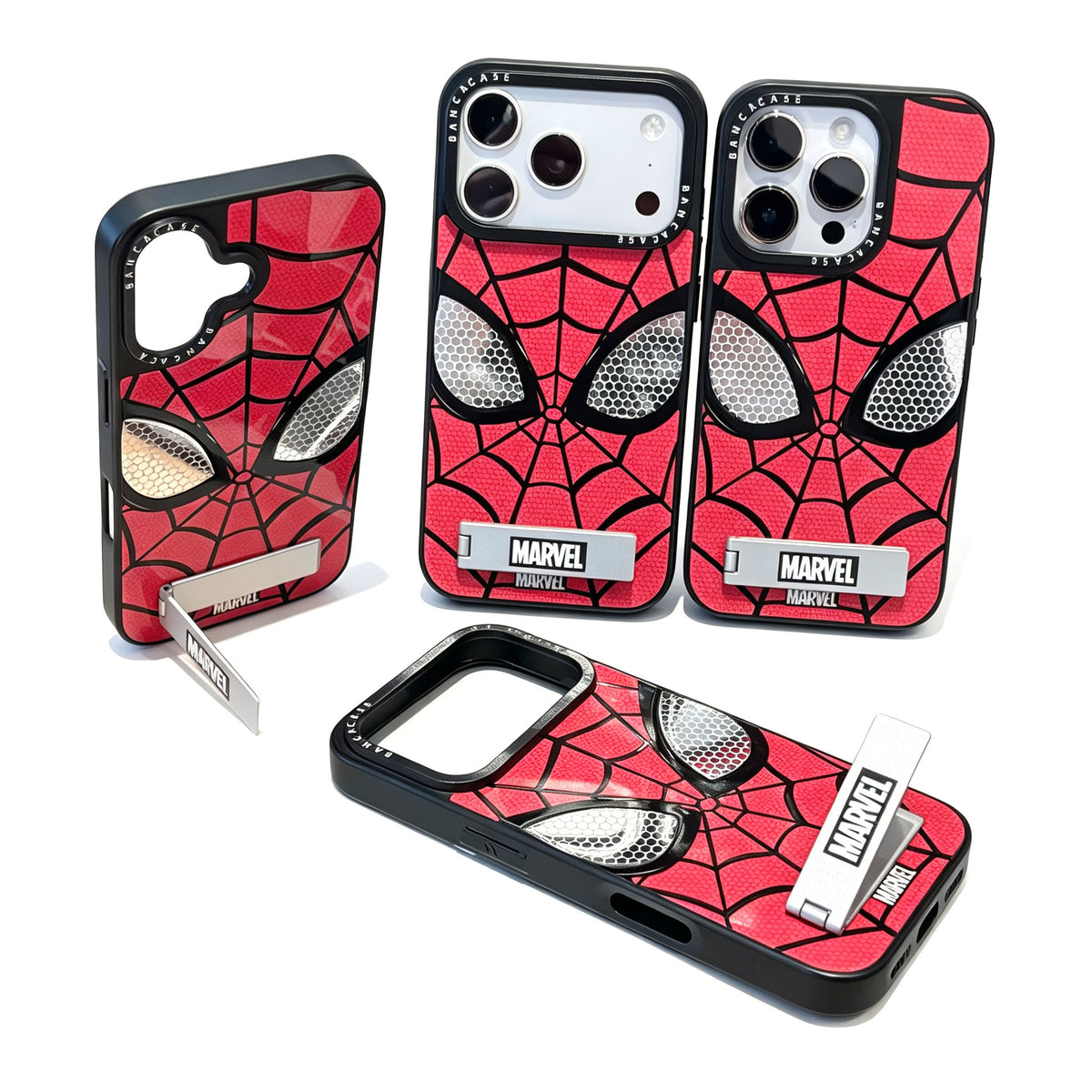 Marvel Spider-Man Web Pattern Phone Case With Metal Kickstand Slim Shockproof Protective Cover Precise Cutout Compatible For Multiple iPhone Models Anti-Slip Comfort Grip Glossy Shell