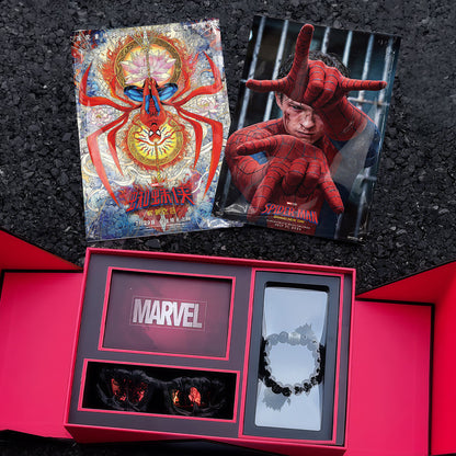Marvel Spider-Man Natural Obsidian Beaded Bracelet Stainless Steel Spider Logo Charm Black Stone Beads Stretch Elastic Wristband Men Fashion Jewelry Streetwear Accessory Gift Box For Fans