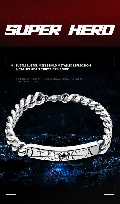 Marvel Spider‑Man Engraved Cuban Link Bracelet 304 Stainless Steel Spider Web Pattern Wrist Jewelry Gift For Men