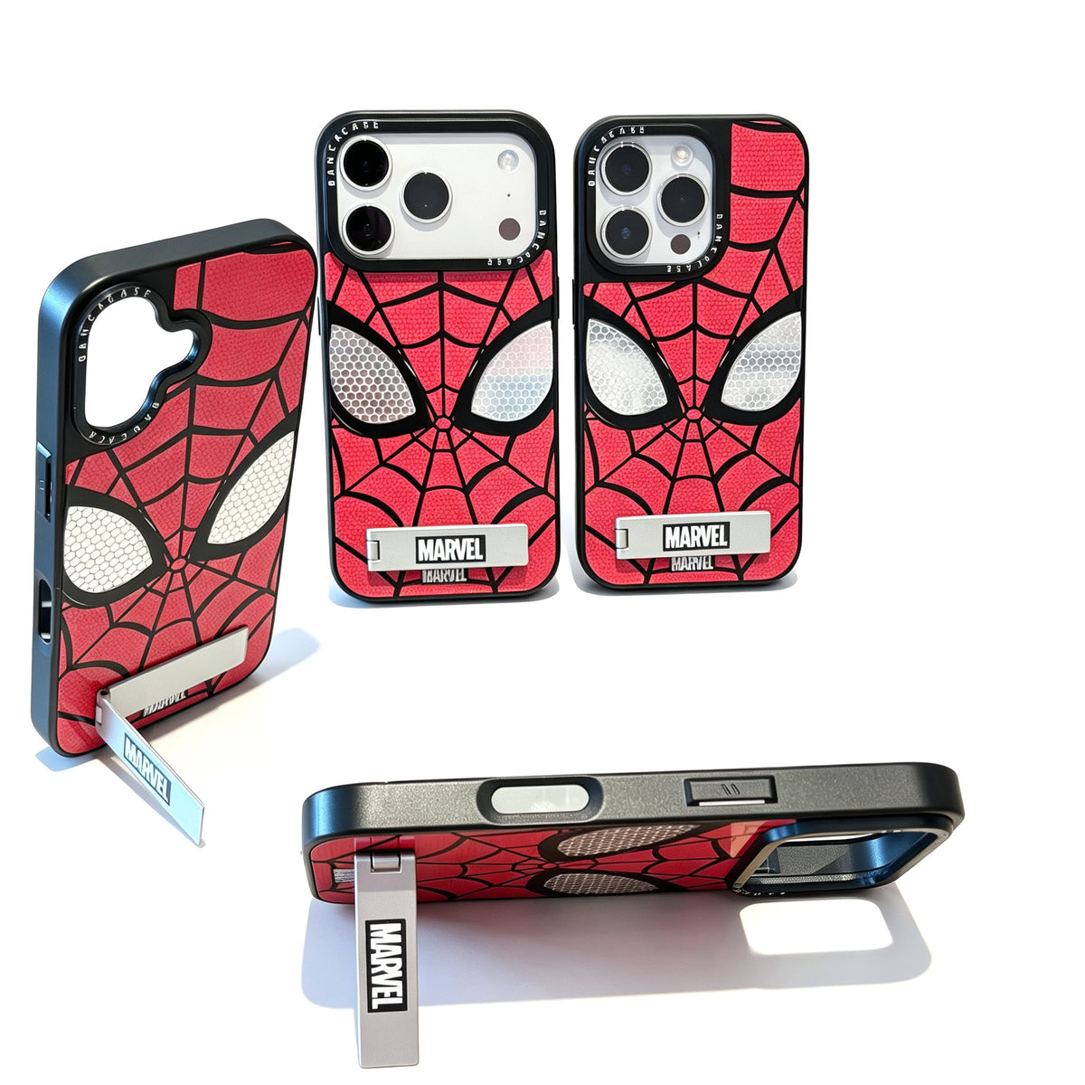 Marvel Spider-Man Web Pattern Phone Case With Metal Kickstand Slim Shockproof Protective Cover Precise Cutout Compatible For Multiple iPhone Models Anti-Slip Comfort Grip Glossy Shell