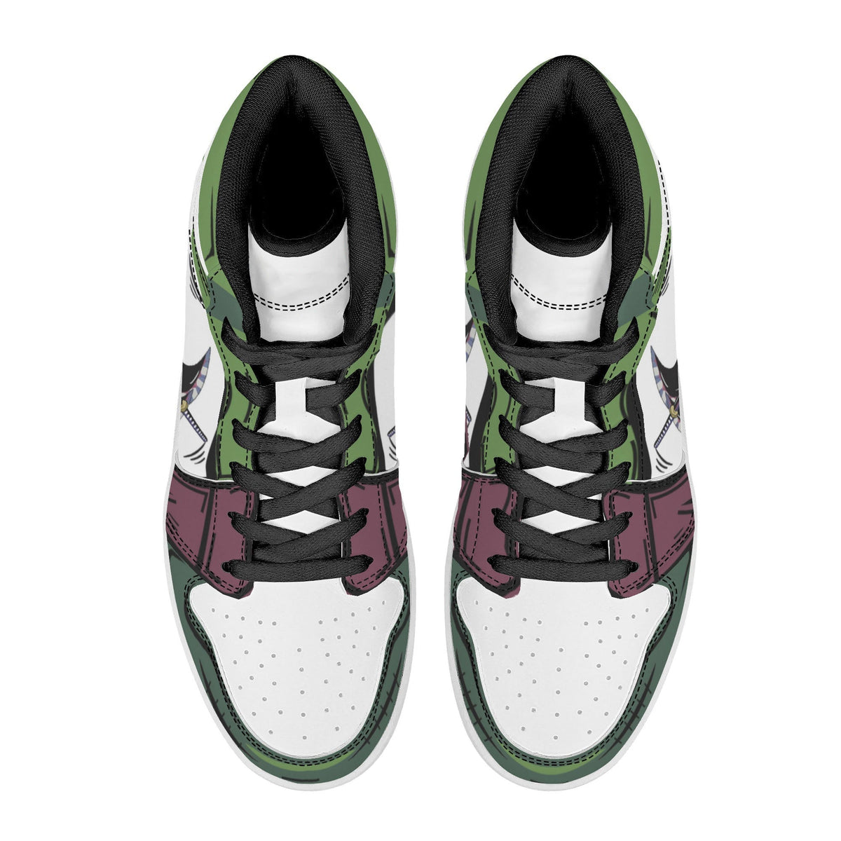 One Piece Roronoa Zoro Three Swords Style Anime Print High Top Sneakers, Straw Hat Pirates Skull Logo Casual Street Skate Shoes